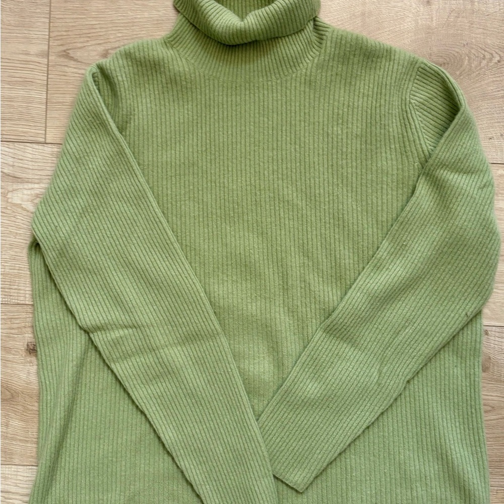 Lands End Green Cashmere Sweater Lightweight Ribbed Turtleneck Sweater Size XL